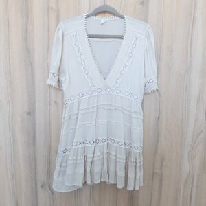 By Together Womens Lace‎ Trim Tiered Tunic Top Size L Cream Boho Cottage Fairy